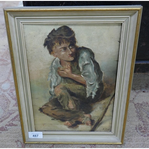 487 - Oil on board - Beggar by J Ray 1889 - Approx image size: 29cm x 21cm