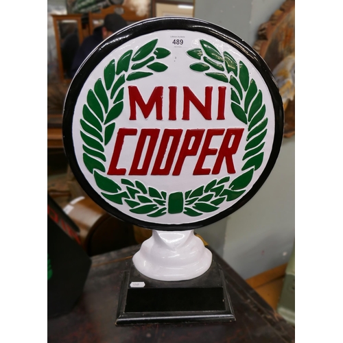 489 - Mini Cooper metal plaque - Approx height: 51cm