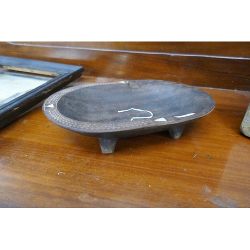 501 - Carved tribal wooden bowl inlaid with mother-of-pearl and carved from a single piece