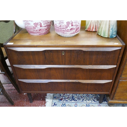 519 - Mid century exotic wood chest of 3 drawers - Made in Denmark stamped on back - Approx size: W: 80cm ... 