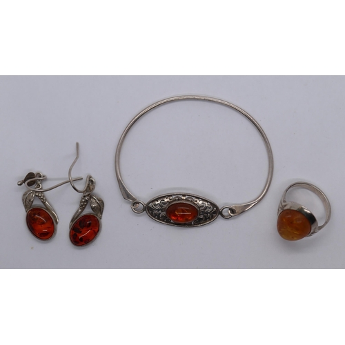 53 - Silver & amber set ring, bangle & earrings