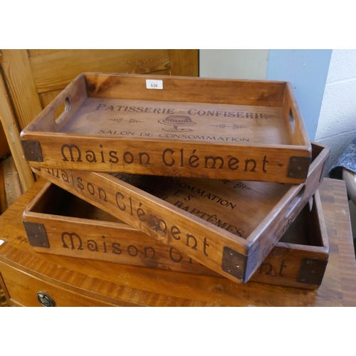 539 - 3 graduated wooden advertising trays 