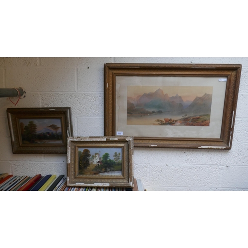 573 - Gilt framed watercolour together with 2 smaller gilt framed oils