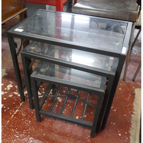 607 - Nest of 3 metal and glass tables - Biggest table approx L: 52cm  W: 32cm  H: 49cm