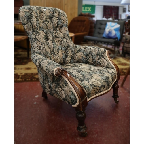 620 - Victorian button back armchair with William Morris style fabric