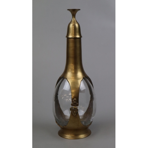 167 - Interesting brass and glass decanter with cup acting as lid