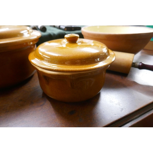 238 - 2 large casserole dishes together with an old large mixing bowl and rolling pin