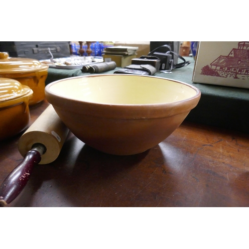 238 - 2 large casserole dishes together with an old large mixing bowl and rolling pin