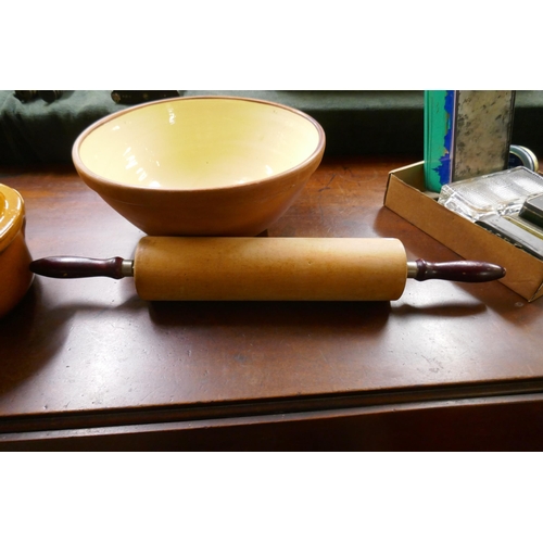 238 - 2 large casserole dishes together with an old large mixing bowl and rolling pin