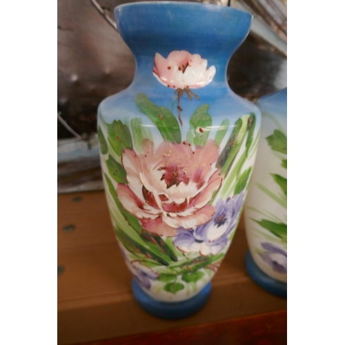 370 - Pair of milk glass hand-painted vases - Approx height 32cm