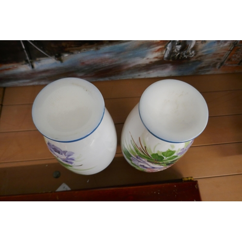 370 - Pair of milk glass hand-painted vases - Approx height 32cm