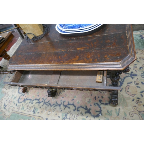 388 - Fine Victorian carved oak centre table on dolphin feet - Approx size: W: 98cm D: 64cm H: 75cm