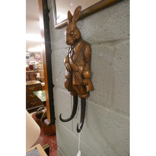 397 - Black forest carved hunting rabbit coat hook with rams horn hooks