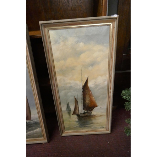 438 - 2 framed oil on canvas of sailing boats signed F.W.G. - Approx image sizes: 67cm x 29cm