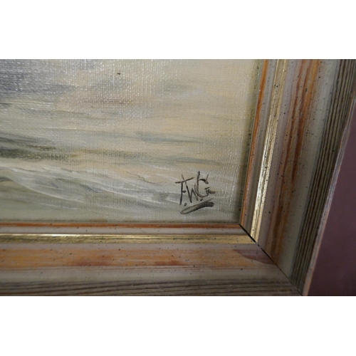 438 - 2 framed oil on canvas of sailing boats signed F.W.G. - Approx image sizes: 67cm x 29cm