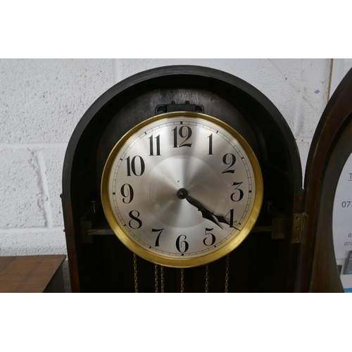 439 - Art Deco oak long case clock with brass weights and pendulum in GWO