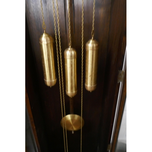 439 - Art Deco oak long case clock with brass weights and pendulum in GWO