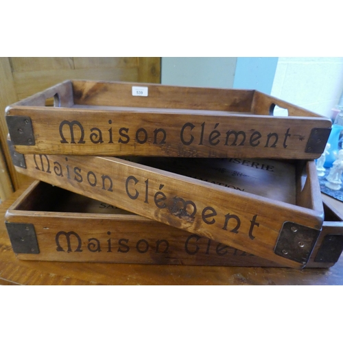 539 - 3 graduated wooden advertising trays 