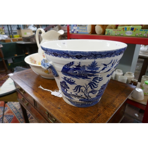 598 - Blue and white willow pattern ceramic milk pail