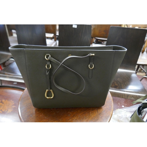 613 - Green leather handbag by Coach with original receipts together with a Ralph Lauren handbag with orig... 