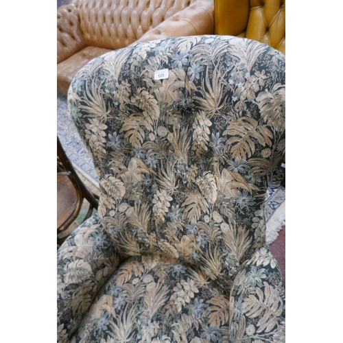 620 - Victorian button back armchair with William Morris style fabric