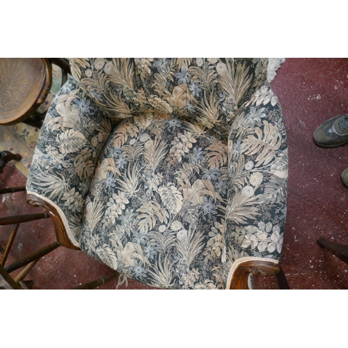 620 - Victorian button back armchair with William Morris style fabric