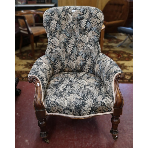 620 - Victorian button back armchair with William Morris style fabric