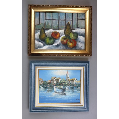 604 - Oil on board still life together with oil on canvas harbour scene