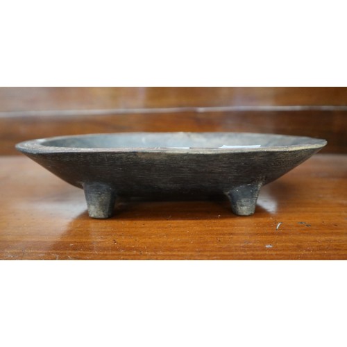 501 - Carved tribal wooden bowl inlaid with mother-of-pearl and carved from a single piece