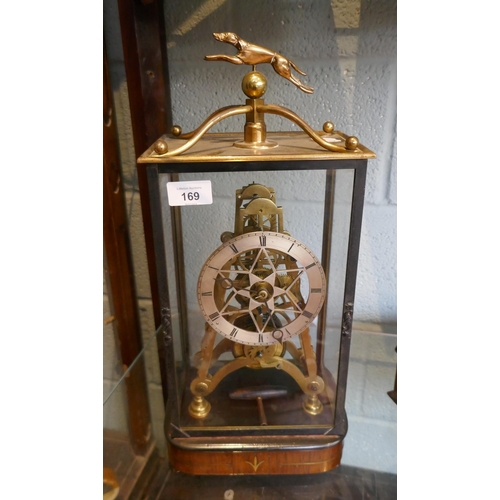 169 - Interesting glass and brass cased clock adorned with greyhounds - Approx H: 48cm W: 22cm D: 15cm