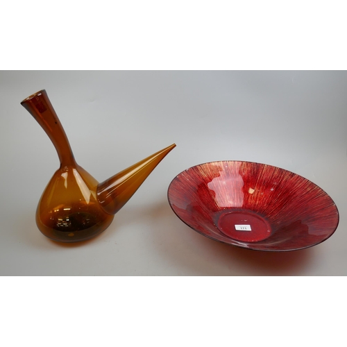 171 - Amber glass porron together with a glass bowl