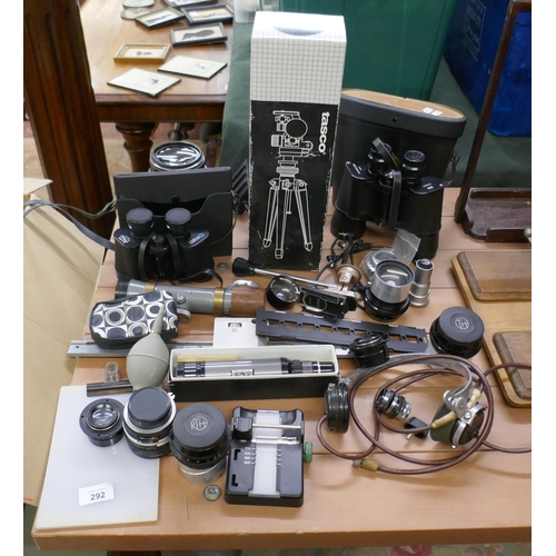 292 - Collection of camera equipment together with 2 pairs of binoculars and theodolite prism