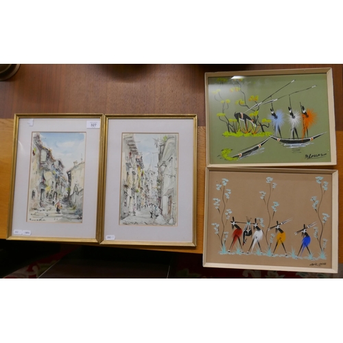 327 - Pair of European watercolours indistinct signature together with 2 African watercolours