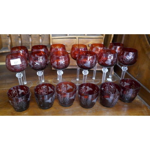 337 - 3 sets of 6 ruby clouded glasses