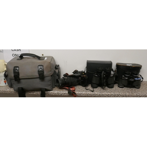 381 - Canon camera EOS650, Canon zoom lens EF20210, skylight filter, Camera bag & 2 pairs of binocular... 