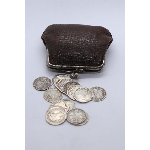 95 - 15 Victorian silver three pence's 3d in Victorian purse