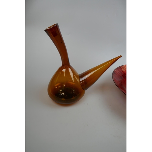 171 - Amber glass porron together with a glass bowl