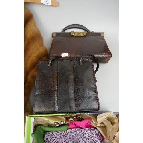 302 - 2 vintage leather hand bags together with furs to include mink