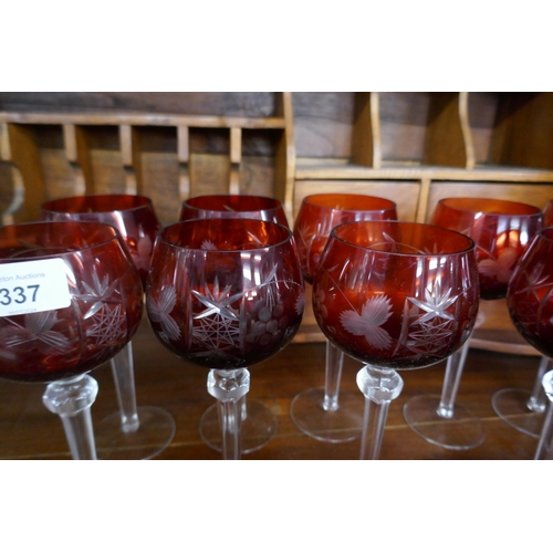 337 - 3 sets of 6 ruby clouded glasses