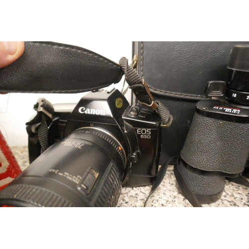 381 - Canon camera EOS650, Canon zoom lens EF20210, skylight filter, Camera bag & 2 pairs of binocular... 