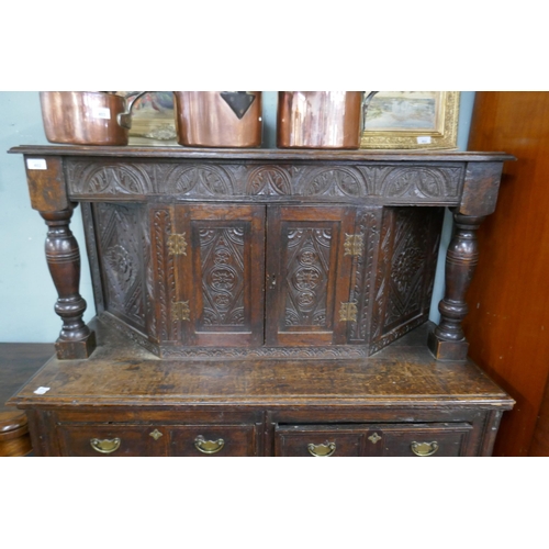 402 - Antique carved oak court cupboard ex BBC Father Brown tv series - Approx size: W: 118cm D: 51cm H: 1... 