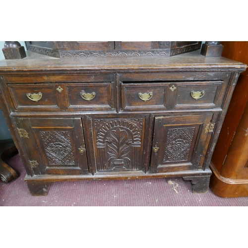 402 - Antique carved oak court cupboard ex BBC Father Brown tv series - Approx size: W: 118cm D: 51cm H: 1... 