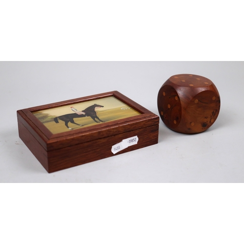 179 - Decorated wooden box together with large wooden die