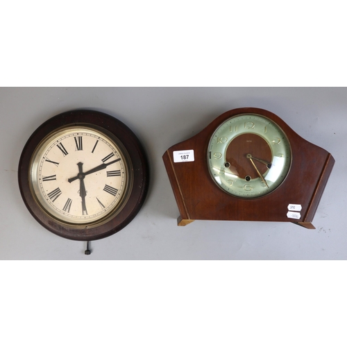 187 - Art Deco mantel clock and vintage circular wall clock