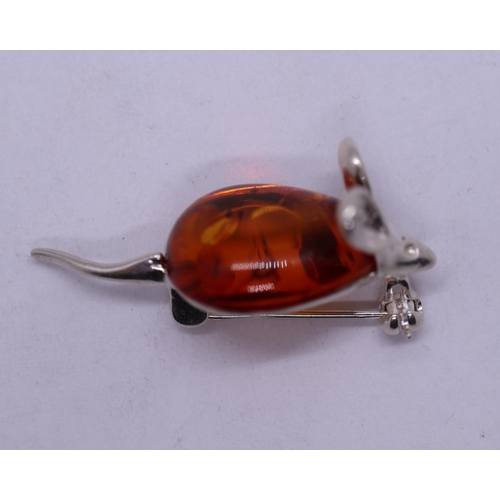 28 - Silver and amber mouse brooch