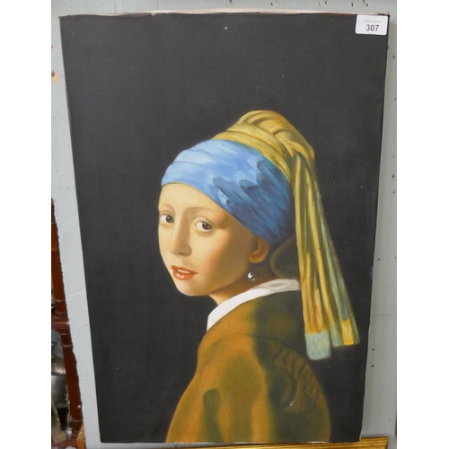 307 - Painting copy of Vermeer's 'Girl with a Pearl Earring' - Approx image size 40cm x 60cm