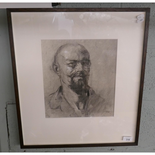 316 - Box framed and glazed self portrait of Michael Hyam b.1958 in charcoal signed - Approx 31cm x 27.5cm