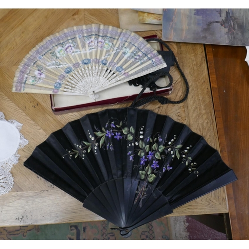 352 - 2 antique fans and silk