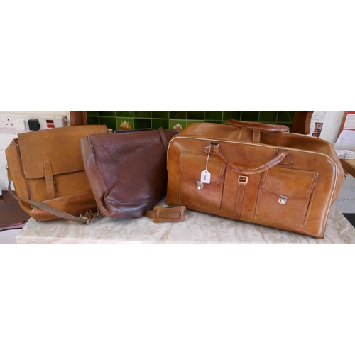 388 - Vintage leather holdall together with 2 leather satchels 