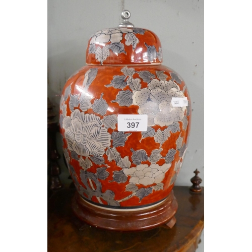 397 - Ginger jar on wooden stand - Approx height - 37cm